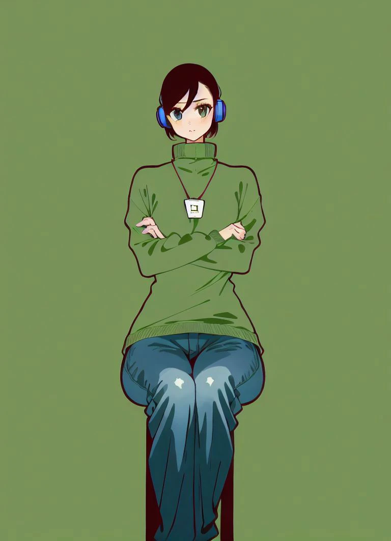 green theme, masterpiece,1girl, syoyo <lora:syoyo-37:1>, green sweater, torn jeans, headphones, short hair, crossed arms, sitting, cowboy shot