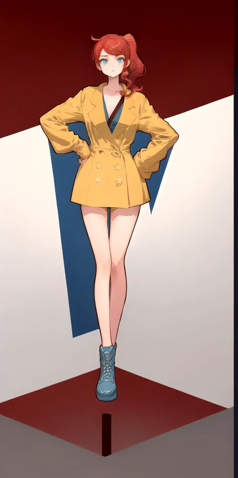masterpiece, art deco, syoyo, <lora:pokemon_sonia:0.75>, sonia, side ponytail, 1girl, ponytail, red hair, blue eyes, yellow jacket, full body, red theme, hand on hip, bare legs,
<lyco:syoyo-37:0.9>,