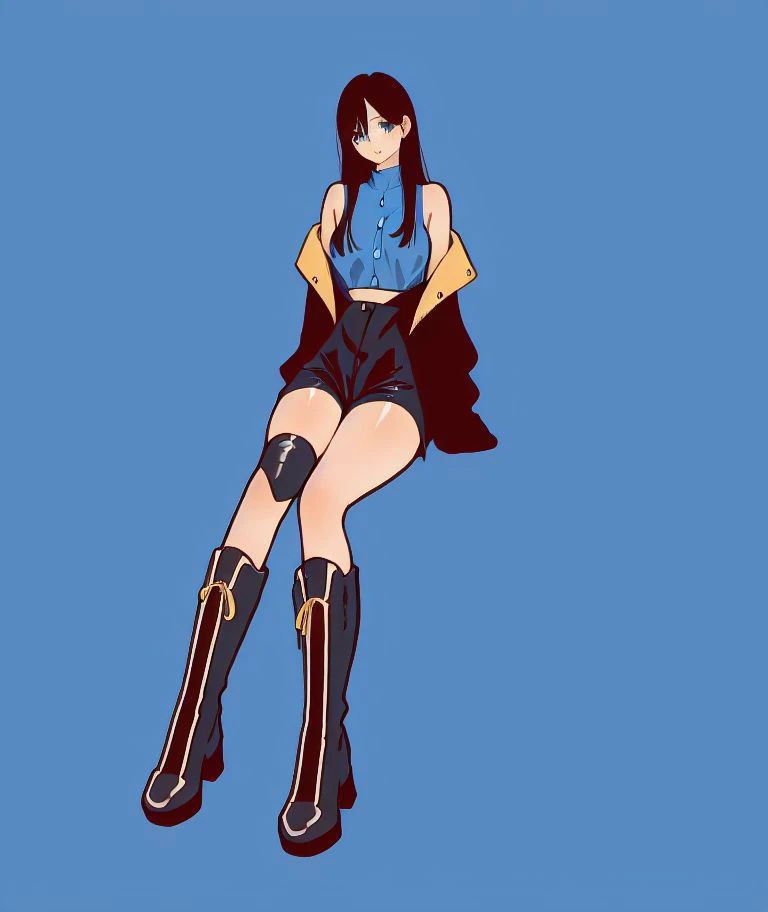blue theme,masterpiece, <lora:syoyo-37:1> , art deco,
syoyo, 1girl, solo, long hair, black hair, long sleeves, full body, thigh boots, (off shoulder jacket, blue shirt),black footwear, shorts, blue background, yellow background, yellow square