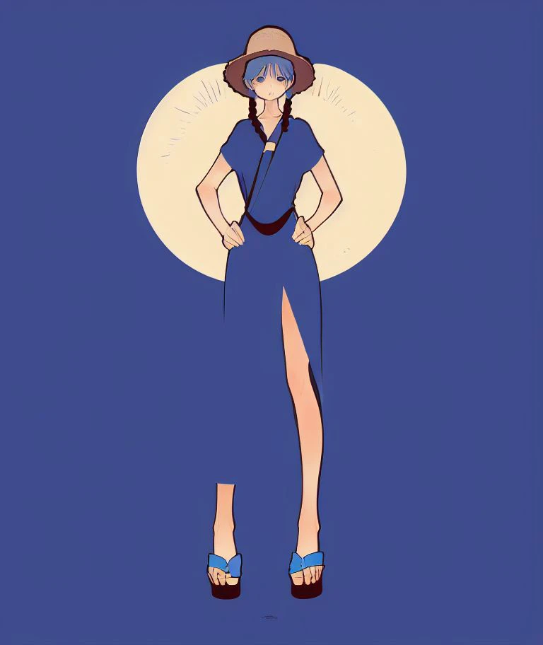 blue theme,masterpiece, <lora:syoyo-37:1> , art deco,
syoyo, 1girl, solo, twin braids, red hair, bare shoulders, halter dress, short sleeves, full body, hands on hips, straw hat
