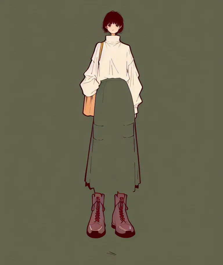 masterpiece, <lora:syoyo-37:1> , art deco,
syoyo, 1girl, solo, looking at viewer, short hair, skirt, shirt, black hair, long sleeves, standing, full body, white shirt, boots, signature, bag, black footwear, black eyes, sweater, brown footwear, green skirt, green background, shoulder bag, white sweater