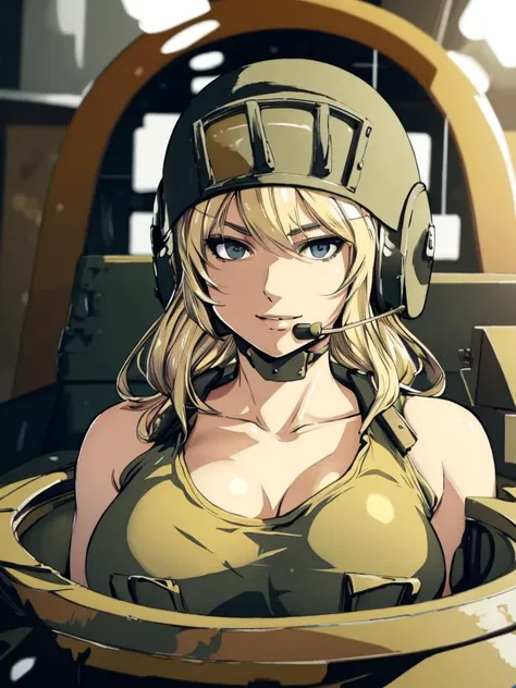 a blonde woman in a (tank helmet:1.2) with headphones <lora:tank_girl_v1:0.75>, inside a tank, masterpiece, best quality
