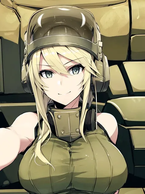 a blonde woman in a (tank helmet:1.2) with headphones <lora:tank_girl_v1:0.75>, inside a tank, masterpiece, best quality