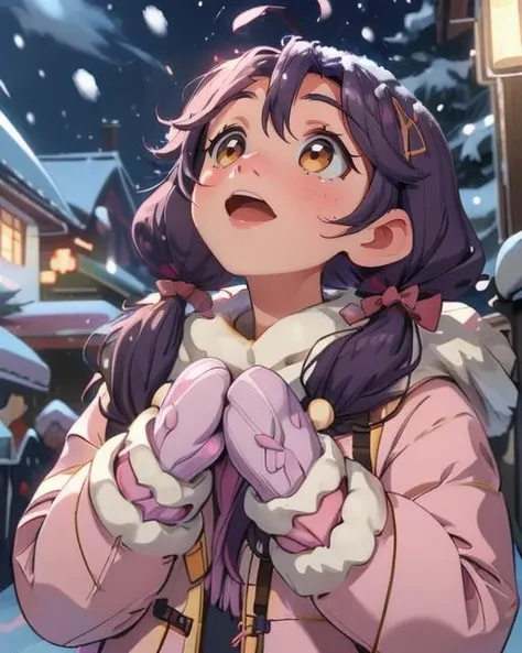 best quality, masterpiece, highres, detailed, digital artwork, <lora:Tools - add_detail:0.2>, SnowWonder,  <lora:Scene - SnowWonder:0.8>, excited, snowing, night, city,  upper body, BREAK  Sango, purple hair, low twintails, gold eyes, ahoge, pink ribbon, purple cloths, down jacket, <lora:Character - SangoV2:0.8>, mittens, looking up,