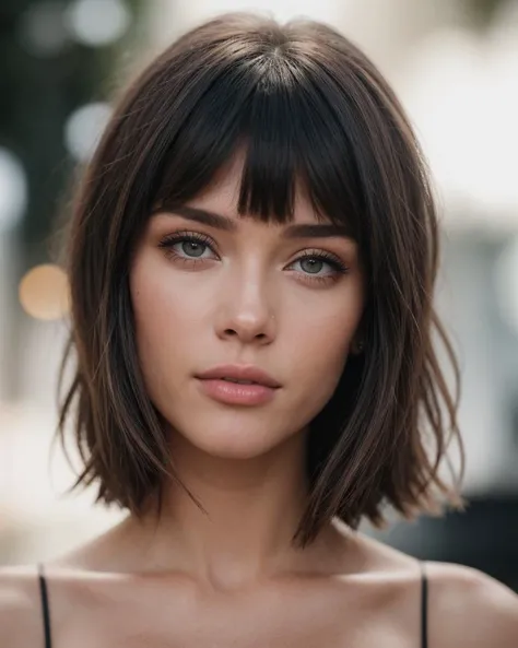 portrait photo of E-Girls_Mansion_Funkee, 20-year-old woman, (Shaggy bob cut with blunt bangs), perfect natural face, no makeup, big breasts, slim body, raw skin, 8k UHD, high quality, film grain, RAW candid cinema, 16mm, color graded portra 400 film, remarkable color, ultra realistic, textured skin, remarkable detailed pupils, realistic dull skin noise, visible skin detail, skin fuzz, dry skin, shot with cinematic camera, high quality photography, 3 point lighting, flash with softbox, Canon EOS R3, hdr, smooth, sharp focus, high resolution, award winning photo, 80mm, f2.8, bokeh