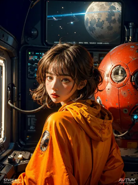 (masterpiece, top quality, best quality, extreme detailed, highest detailed, official art, beautiful and aesthetic:1.2), colorful, cowboy shot, beautiful face, solo, perfect body, 1girl, in space, spacecraft, spacesuit, sun rays, indoors, (wires and cables:1.1), (science fiction:1.2), porthole, illuminator, stars,fantasy, high contrast, ink strokes, explosions, over exposure, purple and red tone impression , abstract, ((watercolor painting by John Berkey and Jeremy Mann )) brush strokes, negative space,