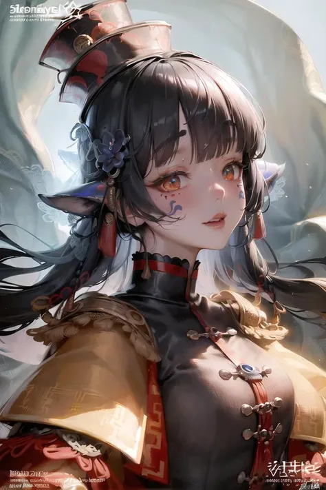jiangshi,
<lora:FashionMagazineStyle_v10:1>,FashionMagCover, magazine cover, english text, watermark, artist name, signature, double page, cover and back cover, back cover, split,
veil, seer, (Jiangshi:1.3), paper talisman, half covered eye, cheek tattoo, heart, face tattoo, face marks, covered eye, black hair, chines dress, flower, detailed background, Chinese landscape, spread arms,
bowl cut, happy, love, furry, fluffy, cute, perfect eyes, beautiful girl, by Jeremy Lipking, by Greg Rutkowski, (heart), jewel,
((masterpiece)), best quality, perfect anatomy, pov, highly detailed,extremely detailed cg unity 8k wallpaper,illustration,((beautiful detailed face)), best quality, (((hyper-detailed ))), high resolution illustration ,high quality, highres, sidelighting, ((illustrationbest)),highres,illustration, absurdres, hyper-detailed, intricate detail, perfect, high detailed eyes,perfect lighting, (extremely detailed CG:1.2), talisman,, art by dagasi,
hands out of frame
