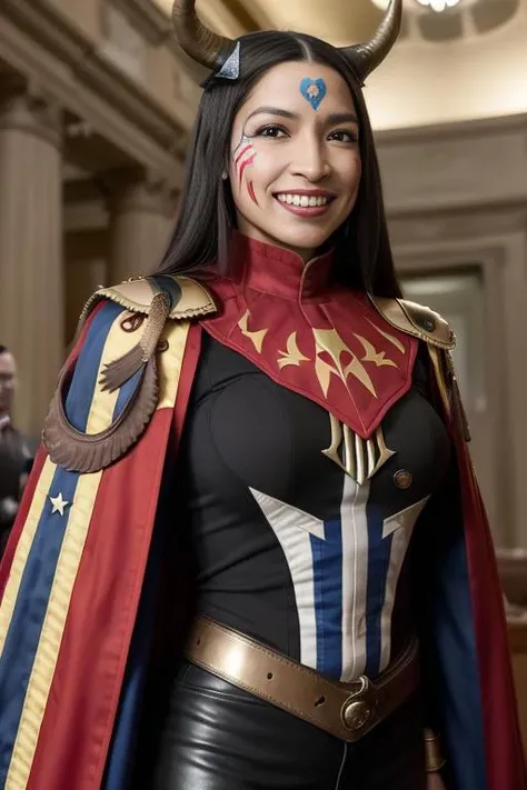 masterpiece, full body <lora:alexandriaOcasioCortez_10:0.5>, alexandriaocasiocortez latina woman as female q4n0n5h4m4n wearing cape, energetic impression, USA, grinning teeth, facepaint, (horns:1.2), action pose patriotic, , (congress:1.4) after (dark:1.2), hdr, USA, photo, 4k