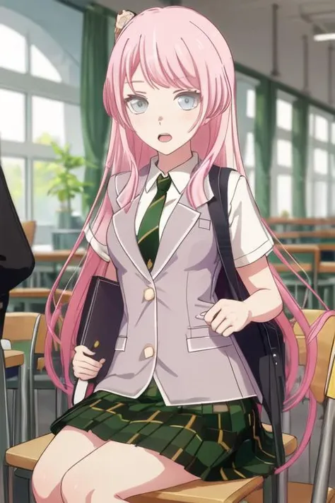 best quality, masterpiece, highres, solo, {chihaya_anon_bangdreamitsmygo:1.15}, long_hair, pink_hair, bangs, blush, necktie, grey_eyes, blazer, open_mouth, upper_body, indoors, 1girl, blue_eyes, can, collared_shirt, green_necktie, holding, holding_can, looking_at_viewer, school_uniform, shirt, sweater_vest, white_shirt, blurry, blurry_background, green_skirt, plaid, plaid_skirt, short_sleeves, sitting, skirt, pleated_skirt, striped_necktie, closed_mouth