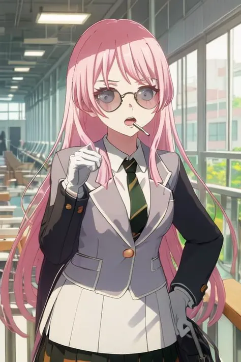 best quality, masterpiece, highres, solo, {black business suit:1.40}, {tie:1.20}, {sunglasses:1.25}, {white gloves:1.15}, {white shirt:1.10}, {black skirt:1.15}, {smoking:1.20}, handsome, {chihaya_anon_bangdreamitsmygo:1.15}, long_hair, pink_hair, bangs, blush, necktie, grey_eyes, blazer, open_mouth, upper_body, indoors