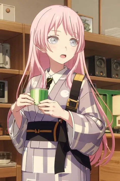 best quality, masterpiece, highres, solo, {yukata:1.40}, {kimono:1.20}, {chihaya_anon_bangdreamitsmygo:1.15}, long_hair, pink_hair, bangs, blush, necktie, grey_eyes, blazer, open_mouth, upper_body, indoors