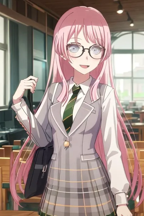 best quality, masterpiece, highres, solo, {chihaya_anon_bangdreamitsmygo:1.15}, long_hair, pink_hair, bangs, blush, necktie, grey_eyes, blazer, open_mouth, upper_body, indoors, 1girl, black-framed_eyewear, blue_eyes, closed_mouth, glasses, jewelry, necklace, shirt, smile, white_shirt, dress, long_sleeves, looking_at_viewer, plaid, plaid_dress, sleeveless_dress, blurry_background, collarbone, sleeveless, small_breasts