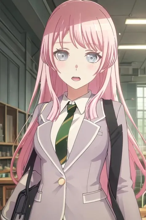 best quality, masterpiece, highres, solo, {chihaya_anon_bangdreamitsmygo:1.15}, long_hair, pink_hair, bangs, blush, necktie, grey_eyes, blazer, open_mouth, upper_body, indoors, 1girl, collared_shirt, jacket, school_uniform, shirt, white_shirt, blue_eyes, grey_jacket, green_necktie, long_sleeves