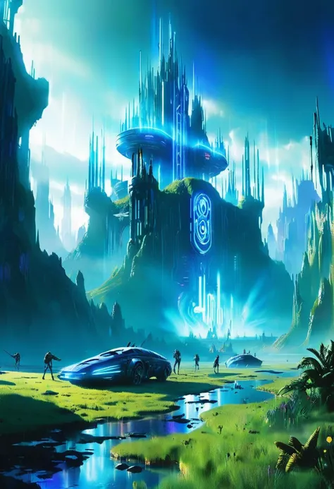 illustration, cyberpunk, , landscape of a (sci-fi environments:1.3) and Fairy tale castle, field, Bathed in shadows, (by John Berkey:0.8) , Masterpiece, spotlight, Short exposure, Kodak UltraMax 400, Depth of field 100mm, Cold Colors, unreal engine, shadowrun, abstract