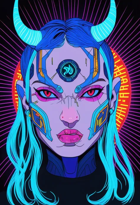 a woman with blue hair and horns on her face in front of a black background with neon lights behind her, 1girl, solo, long hair, looking at viewer, blue hair, horns, colored skin, black background, portrait, oni horns, red skin