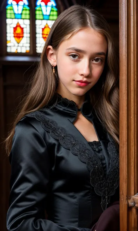 A 12 year old girl with straight brown hair wearing black tights and necklaces