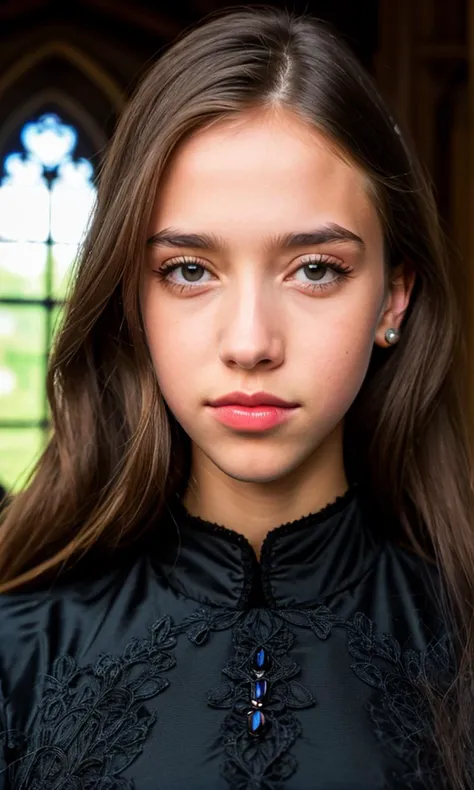 (RAW photo:1.1), (photorealistic:1.4), (best quality:1.4), E-Girls_Mansion_Celestina, (Eyeliner, Eyeshadow, make-up, lipstick:1.15), beautifully detailed, professional photography, (ultra detailed), (beautiful detailed eyes:1.3), (detailed facial features), (extremely delicate and beautiful), (highly detailed skin), detailed nose, detailed mouth, (8k, uhd, dslr, Fujifilm XT3:1.2), high quality, depth of field, (sharpness:1.2), (intricately detailed black tudor era gown:1.4), castle interior with stain glass windows