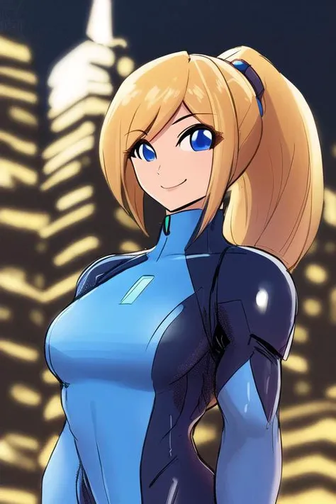1girl, solo, samus aran, highly detailed eyes, intricate details, blue eyes, blonde hair, ponytail, upper body,(zero suit), looking at viewer, closed mouth, seductive smile, ((muscular female)), cityscape