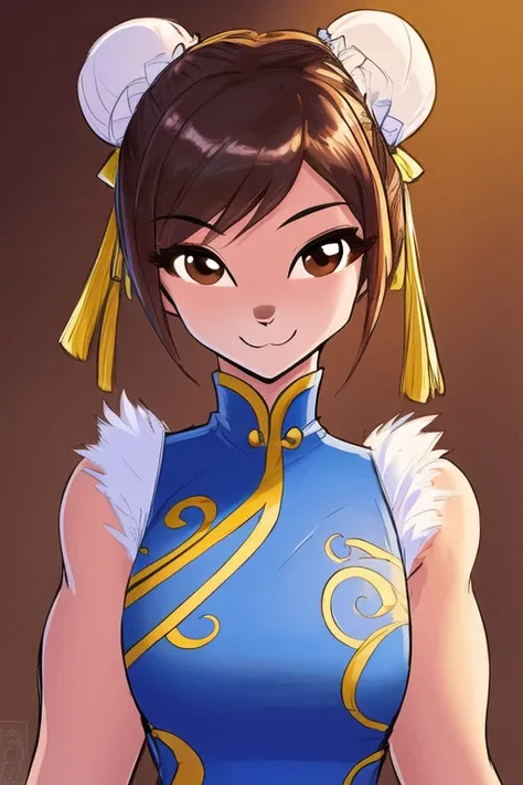 1girl, solo, chun-li, highly detailed eyes, intricate details, brown eyes, brown hair, short hair, double bun, upper body, (furry), dog girl, animal ears, chinese dress, looking at viewer, closed mouth, seductive smile, muscular female,