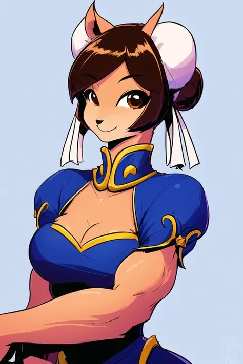 1girl, solo, chun-li, highly detailed eyes, intricate details, brown eyes, brown hair, short hair, double bun, upper body, (furry), dog girl, animal ears, chinese dress, looking at viewer, closed mouth, seductive smile, muscular female,