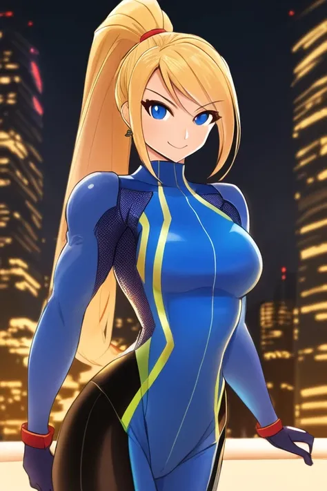 1girl, solo, samus aran, highly detailed eyes, intricate details, blue eyes, blonde hair, ponytail, upper body,(zero suit), looking at viewer, closed mouth, seductive smile, ((muscular female)), cityscape