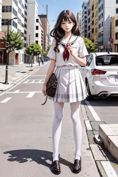 1girl, WHITE PANTYHOSE, LOAFERS,SERAFUKU,PLAID_SKIRT,PLEATED SKIRT,MARY JANES,SCHOOL UNIFORM,BROWN FOOTWEAR,BLACK FOOTWEAR WSAL, <lora:kwFemaleBeta1_v12:0.7>, <lora:wsal:0.3>