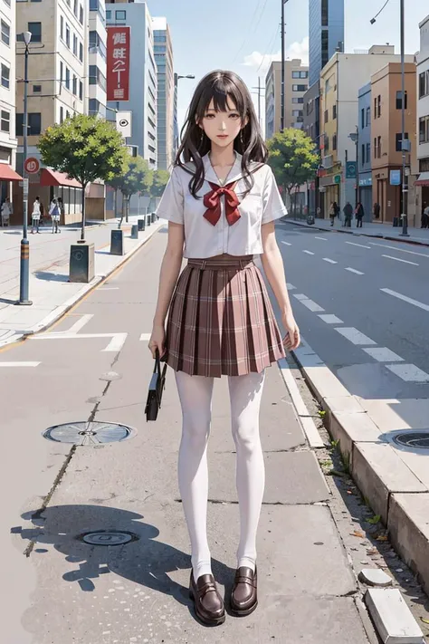 1girl,  WHITE PANTYHOSE, LOAFERS,SERAFUKU,PLAID_SKIRT,PLEATED SKIRT,MARY JANES,SCHOOL UNIFORM,BROWN FOOTWEAR,BLACK FOOTWEAR WSAL, <lora:kwFemaleBeta1_v12:0.7>, <lora:wsal:0.3>