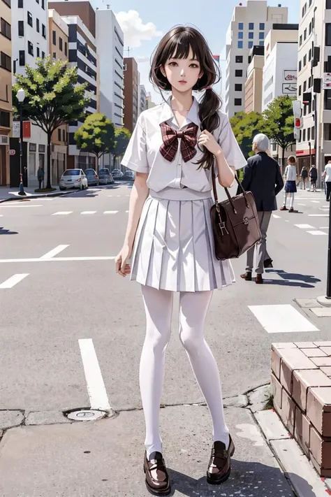 1girl, WHITE PANTYHOSE, LOAFERS,SERAFUKU,PLAID_SKIRT,PLEATED SKIRT,MARY JANES,SCHOOL UNIFORM,BROWN FOOTWEAR,BLACK FOOTWEAR WSAL, <lora:kwFemaleBeta1_v12:0.6>, <lora:wsal:0.4>