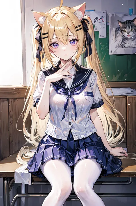 (best quality),(Masterpiece),dynamic angle,(extreme detailed illustration),(extremely detailed CG unity 8k wallpaper),amazing,Depth of field,(highly detailed),((an extremely delicate and beautiful)),((1girl)),((extremely detailed eyes and face)),detail hands,cat gril,(gradient purple eyes),slit pupils,((gradient blond long hair)),very long twin tails,(ahoge),one side up,hair between eyes,two side up,hair spread out,((hairpin)),hair ornament,((hair ribbon)),blonde hair,long twin tails,((cat ears)),large breasts,oil skin,sweating,wet,see through,white pantyhose,pleated skirt,school uniform,loafers,