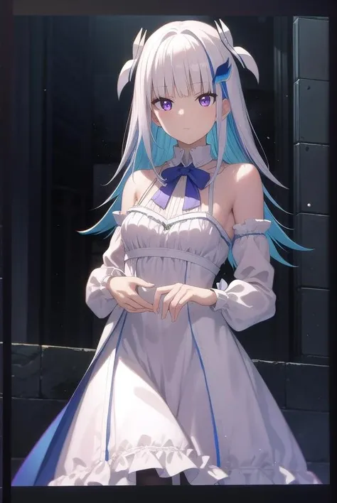 lizehelesta, <lora:lizehelestatest:1>,
lize helesta, blue hair, blunt bangs, colored inner hair, hair flaps, hair ornament, long hair, multicolored hair, (purple eyes:1.1), sidelocks, two-tone hair, white hair, (small breast:1.2),
BREAK armband, chromatic aberration, collared dress, dress, frilled sleeves, frills, long sleeves, virtual youtuber, white dress,
BREAK looking at viewer,
BREAK outdoors,
BREAK <lora:GoodHands-vanilla:1>, (masterpiece:1.2), best quality, high resolution, unity 8k wallpaper, (illustration:0.8), (beautiful detailed eyes:1.6), extremely detailed face, perfect lighting, extremely detailed CG, (perfect hands, perfect anatomy),