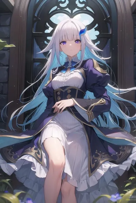 lizehelesta, <lora:lizehelestatest:1>,
lize helesta, blue hair, blunt bangs, colored inner hair, hair flaps, hair ornament, long hair, multicolored hair, (purple eyes:1.1), sidelocks, two-tone hair, white hair, (small breast:1.2),
BREAK armband, chromatic aberration, collared dress, dress, frilled sleeves, frills, long sleeves, virtual youtuber, white dress,
BREAK looking at viewer,
BREAK outdoors,
BREAK <lora:GoodHands-vanilla:1>, (masterpiece:1.2), best quality, high resolution, unity 8k wallpaper, (illustration:0.8), (beautiful detailed eyes:1.6), extremely detailed face, perfect lighting, extremely detailed CG, (perfect hands, perfect anatomy),