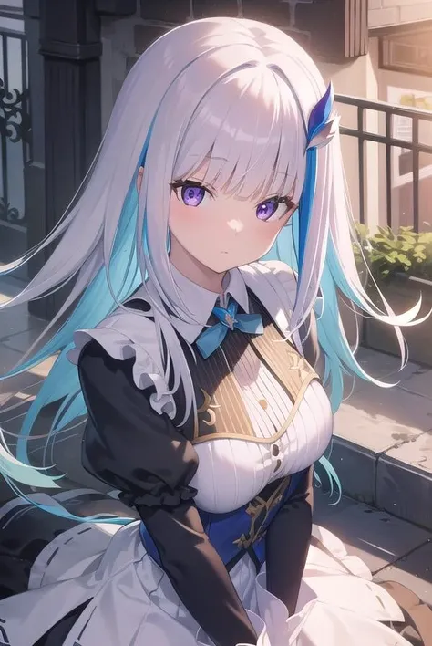 lizehelesta, <lora:lizehelestatest:1>, 
lize helesta, blue hair, blunt bangs, colored inner hair, hair flaps, hair ornament, long hair, multicolored hair, (purple eyes:1.1), sidelocks, two-tone hair, white hair, (small breast:1.2),
BREAK armband, chromatic aberration, collared dress, dress, frilled sleeves, frills, long sleeves, virtual youtuber, white dress,
BREAK looking at viewer,
BREAK outdoors,
BREAK <lora:GoodHands-vanilla:1>, (masterpiece:1.2), best quality, high resolution, unity 8k wallpaper, (illustration:0.8), (beautiful detailed eyes:1.6), extremely detailed face, perfect lighting, extremely detailed CG, (perfect hands, perfect anatomy),