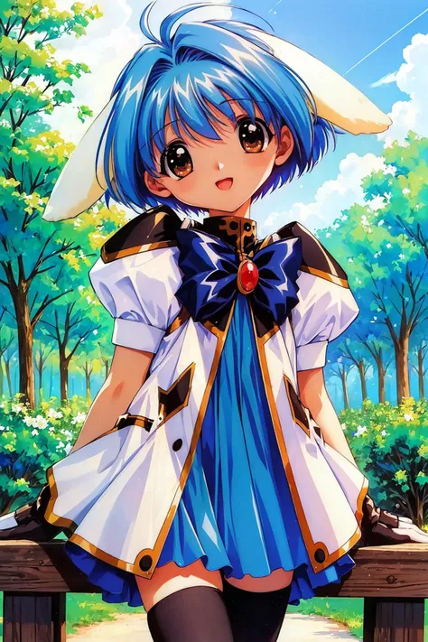 (masterpiece, best quality:1.2), ga_mint, 1girl, solo, (rabbit ears:1.2), military uniform, blue skirt, puffy short sleeves, black thighhighs, white gloves, blue hair, short hair, brown eyes, smile open mouth, looking at viewer, forest landscape, <lora:ga_mint:0.9>