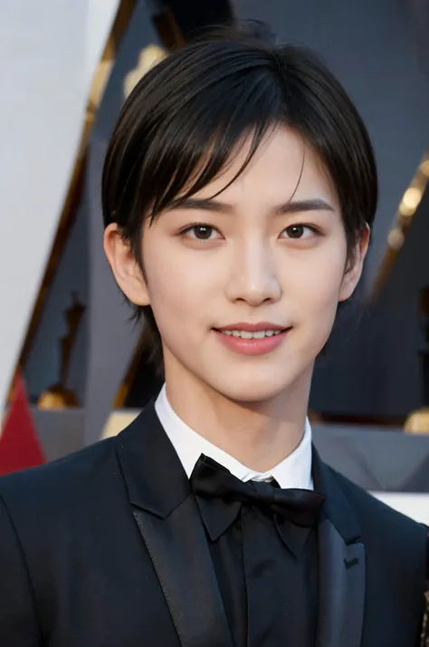 Best Quality, Ultra High Resolution, (Realistic:1.4), Masterpiece, Blurred Background, Muscle, Solo, (((1boy))), Italian man, young (male:1.5), grey eyes, slender eyes, smile, (((very short hair:1.3))), under_cut, Pompadour, ((handsome, sharp, wild facial features)), detailed eye, (robust muscular body), (robust physique), handsome gentleman in a tuxedo, ((standing on the red carpet at the Academy Awards)), mischievous smile, peoples at background, cowboy shot