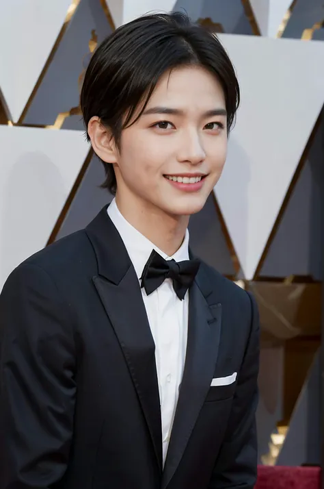 Best Quality, Ultra High Resolution, (Realistic:1.4), Masterpiece, Blurred Background, Muscle, Solo, (((1boy))), Italian man, young (male:1.5), grey eyes, slender eyes, smile, (((very short hair:1.3))), under_cut, Pompadour, ((handsome, sharp, wild facial features)), detailed eye, (robust muscular body), (robust physique), handsome gentleman in a tuxedo, ((standing on the red carpet at the Academy Awards)), mischievous smile, peoples at background, cowboy shot
