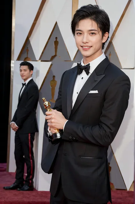 (((1boy))), Italian man, young (male:1.5), grey eyes, slender eyes, smile, (((very short hair:1.3))), under_cut, Pompadour, ((handsome, sharp, wild facial features)), (robust muscular body), (robust physique), handsome gentleman in a tuxedo, ((standing on the red carpet at the Academy Awards)), mischievous smile, detailed eye, peoples at background, cowboy shot