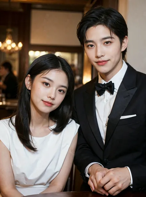 (((1boy and 1 girl))), Italian man, young (male:1.5), grey eyes, slender eyes, smile, (((boy in very short hair:1.3))), under_cut, Pompadour, ((formal)), ((handsome, sharp, wild facial features)), (robust muscular body), (robust physique), (((girl in long hair:1.3))), in restaurant, peoples in the background