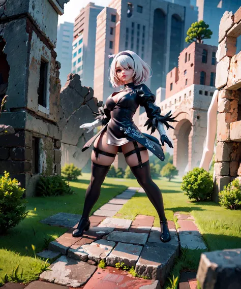 (8k, RAW photo, best quality), (masterpiece), (best quality), (ultra-detailed), masterpiece, best quality, CG, wallpaper, HDR, high quality, high-definition, (3d, blender, :0.907), Intricate Details, (cinematic, cold lighting, pastel:0.9524), rim light, subsurface tering, light particles,
2b1, yorha no. 2 type b, full body, jojo pose, ruins, cityscape,
<lora:stylized3DModelLora_v30:0.5> <lora:blinV1Mix:1> <lora:2bYorhaNo2TypeBNier_v1:0.7>, <lora:noctuneLora:0.7>