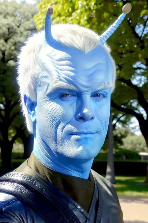 <lora:andorian_lora:0.8>, andorian, shran, male, blue skin, antennae, white hair, white fluffy eyebrows, wearing leather sci-fi uniform, (half length portrait:1.2), photograph, posing outdoors in a park, park with people walking around in background, day time, outdoor lighting, masterpiece, 8k, jeffrey combs