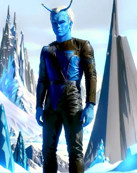 illustration, painting, 1970's sci-fi art, full length, wide shot, <lora:andorian_lora:0.8>, andorian, shran, male, blue skin, antennae, white hair, (wearing leather sci-fi uniform), (art by Ralph McQuarrie:1.2), frozen tundra in Northern Norway background, ice and snow, highly detailed, 8k, centered subject, jeffrey combs