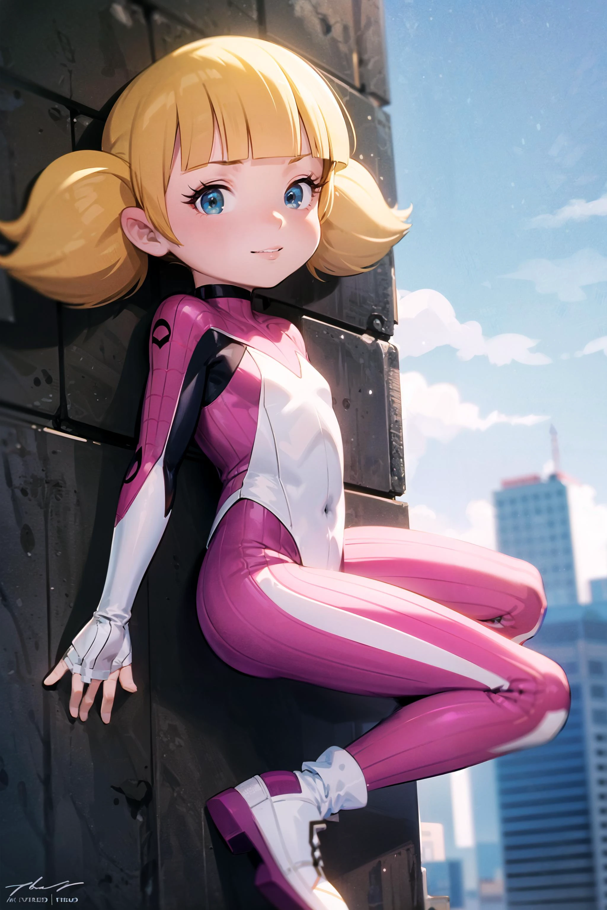 Spiderverse Style, penny, highly detailed, bodysuit, (white and pink) theme, spider web print, chromatic aberration, looking at viewer, (smile:0.6), <lora:Penny:0.7> blonde, twintails, blue eyes, (climbing building:1.21), from the side, above cityscape, big depth of field, motion blur, Masterpiece, trending on artstation, Vivid colors,