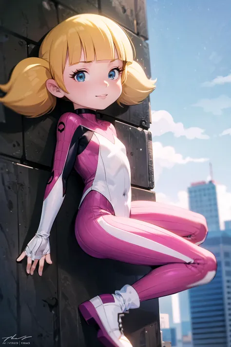 Spiderverse Style, penny,  highly detailed, bodysuit, (white and pink) theme,  spider web print, chromatic aberration,  looking at viewer, (smile:0.6), <lora:Penny:0.7> blonde, twintails, blue eyes,  (climbing building:1.21), from the side, above cityscape, big depth of field, motion blur, Masterpiece, trending on artstation, Vivid colors,