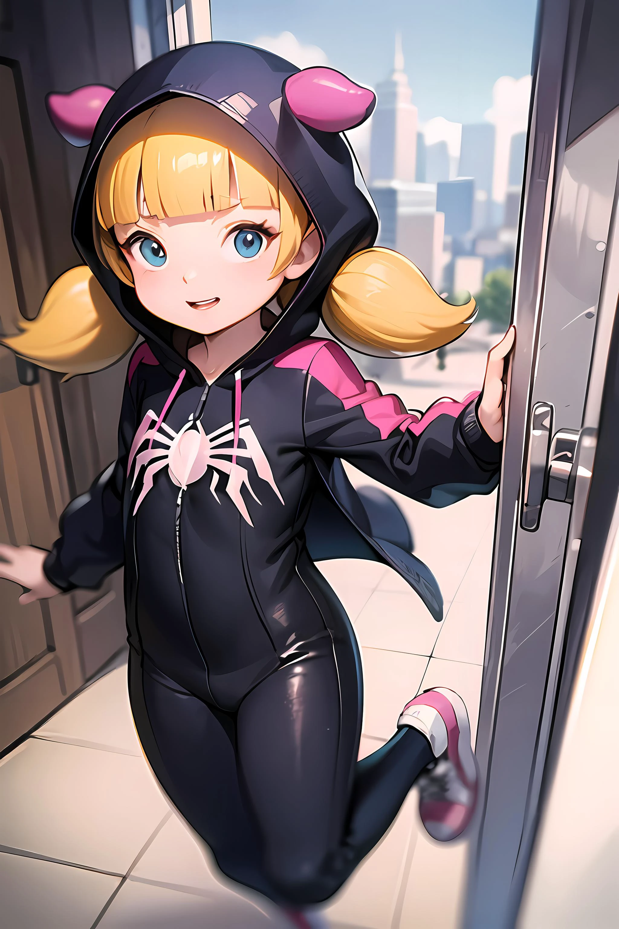 Spiderverse Style, (AS-YoungerV2:1.3), highly detailed, (bodysuit:1.21), (white and pink) theme, hooded jacket, sneakers, spider web print, chromatic aberration, animification, looking at viewer, (smile:0.5), <lora:Penny:0.7> (yellow hair, blue eyes, blunt bangs, twintails), perched on roof, cityscape, big depth of field, Masterpiece, Intricate, Low Detail, Vivid colors, dramatic