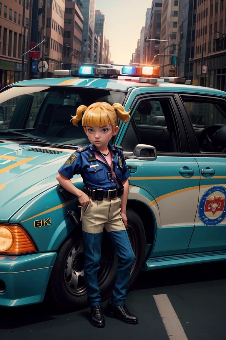(AS-YoungerV2:1.1), (yellow hair, blue eyes, twintails, blunt bangs), cop, police uniform, police car, hands on belt, wall street, looking at viewer, angry, Jude Smith, Eddy Shinjuku, street, suburbia, outdoors, people, medium shot, (masterpiece) (best quality) (detailed) (8k) (cinematic lighting) (intricate), blush,<lora:Penny:0.8> <lora:more_details:0.5>