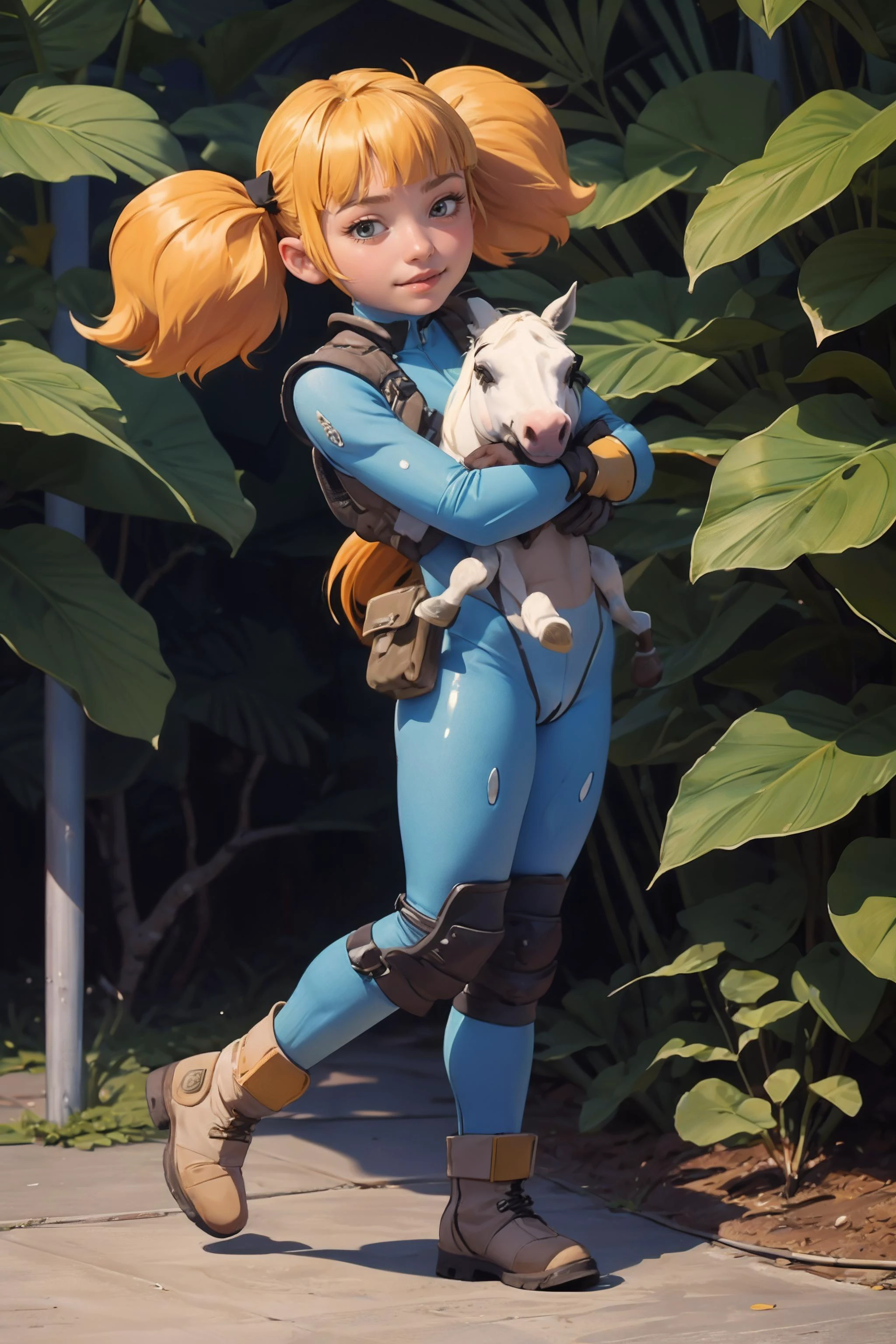 closeup front shot, Eurasian (8 - - old enny:1.3) holster, blonde, (twintails:1.1),looking at viewer, jungle, (hugging horse:1.2), sunny,
looking at viewer , high quality, best quality, masterpiece, <lora:Penny:0.7> <lora:solidsnake-nvwls-v3:0.8> blue bodysuit, military Boots, gloves, headband