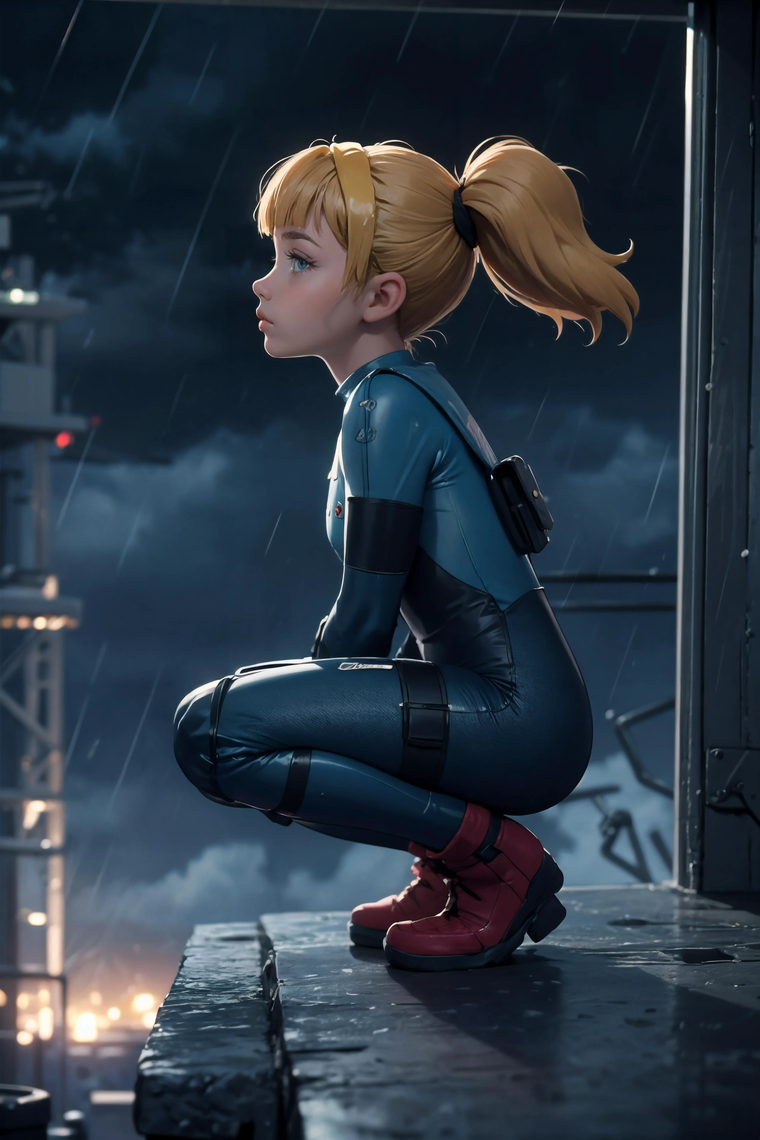 cinematic film still, bokeh, 8 - - old irl, penny, holster, blonde twintails, looking at viewer, oil rig, raining, storm, crouched, from the side,
looking at viewer , high quality, best quality, masterpiece, <lora:Penny:0.7> <lora:solidsnake-nvwls-v3:0.8> blue bodysuit, gloves, headband, highly detailed, moody, epic, gorgeous,