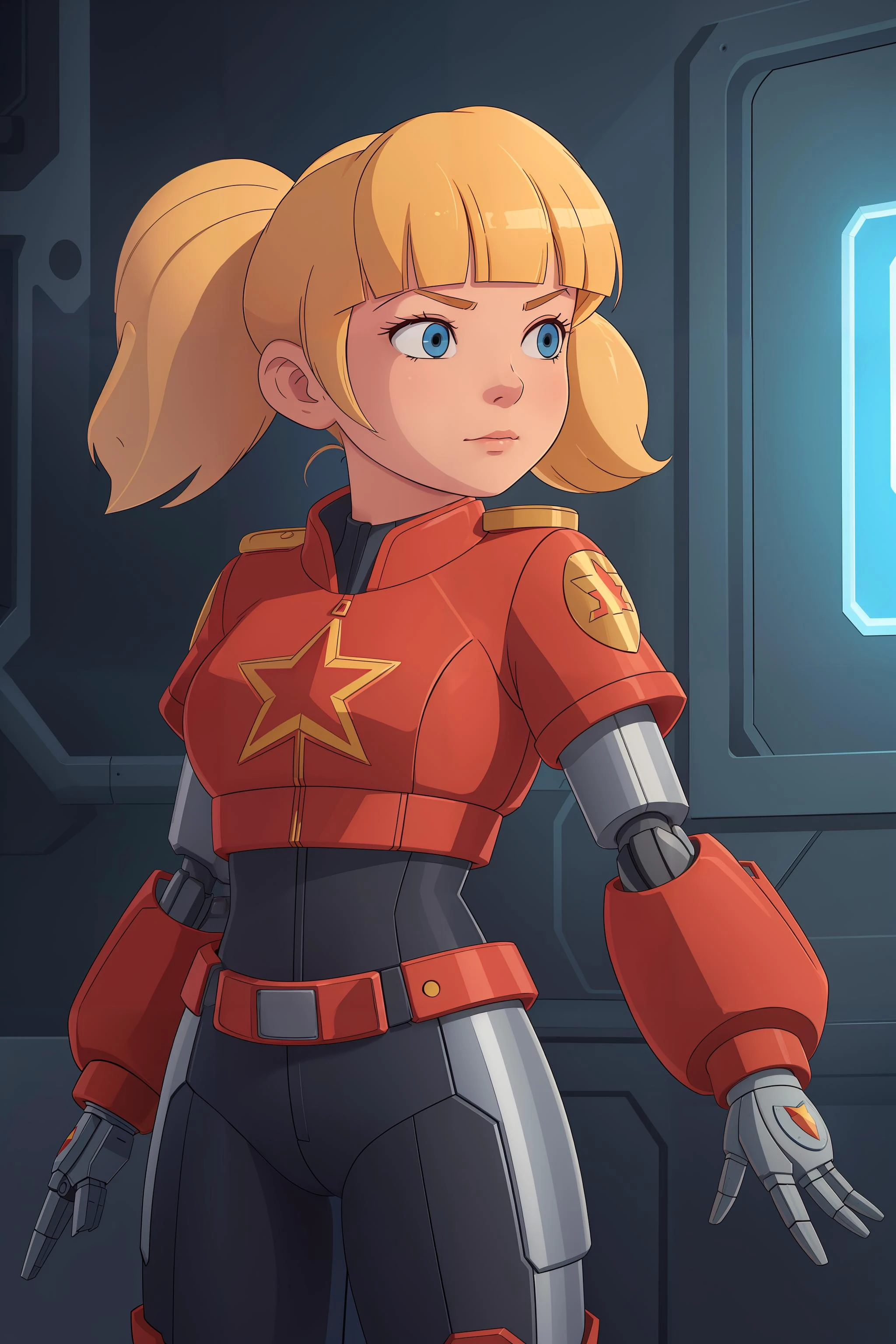 [Gabbie Carter | penny], detailed,  soviet union flag coat of arms gold hammer and sickle on armor,  (blonde hair, twintails, blunt bangs, blue eyes), mechanical arms, mechanical hands,
soviet russian futuristic neon moscow city many people on background, in cyberpunk 2077 style,
extreme low angle, Jude Smith, Eddy Shinjuku, (masterpiece) (best quality) (detailed) (8k) (cinematic lighting) (sharp focus) (intricate), <lora:Penny:0.5>
<lora:AMechaSSS[color_theme,mecha musume, mechanical parts,robot joints,]:0.8> mecha musume, mechanical parts, robot joints,