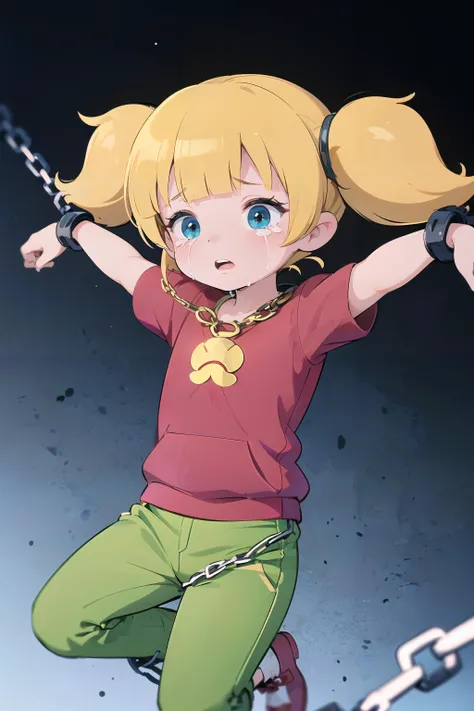 <lora:Penny:0.7> blonde, red shirt, crying, green pants, twintails, blue eyes, (chained_up:1.3),(tied up), spread arms, (chains:1.4), big depth of field, Masterpiece, trending on artstation, Vivid colors,<lora:chained_up:0.8> (AS-YoungerV2:1.3)