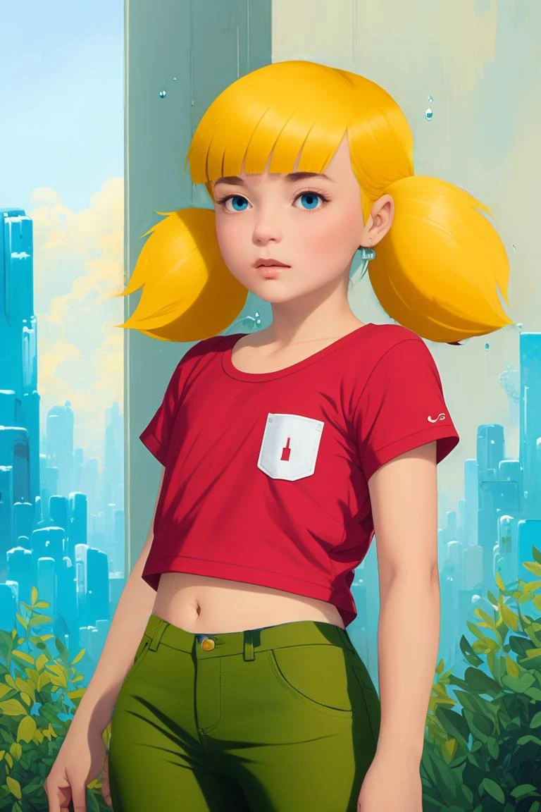 best_quality, penny, , (blonde hair, twintails, blunt bangs, blue eyes), penny full body shot, macro-shot, red shirt, green reinforced pants, d&d, trending on artstation, 4k, intricate details, futuristic, cyberpunk city, highly detailed, pencil drawing, sketching, unreal engine, loish, rhads, beeple, makoto shinkai and lois vaan baarle, ilya kuvshinov, rossdraws, tom bagshaw, alphonse mucha, oil painting, heavy strokes, paint dripping, oil painting , <lora:Penny:0.8>, yellow hair, closed mouth, green pants