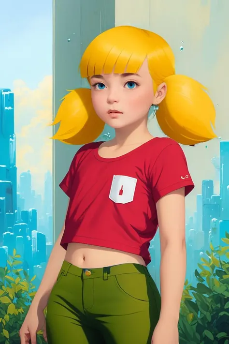 best_quality, penny, child, (blonde hair, twintails, blunt bangs, blue eyes), penny full body shot, macro-shot, red shirt, green reinforced pants, d&d, trending on artstation,  4k, intricate details, futuristic, cyberpunk city, highly detailed,  pencil drawing, sketching, unreal engine, loish, rhads,  beeple, makoto shinkai and lois  vaan baarle, ilya kuvshinov, rossdraws, tom bagshaw, alphonse mucha, oil painting, heavy strokes, paint dripping, oil painting , <lora:Penny:0.8>, yellow hair, closed mouth, green pants